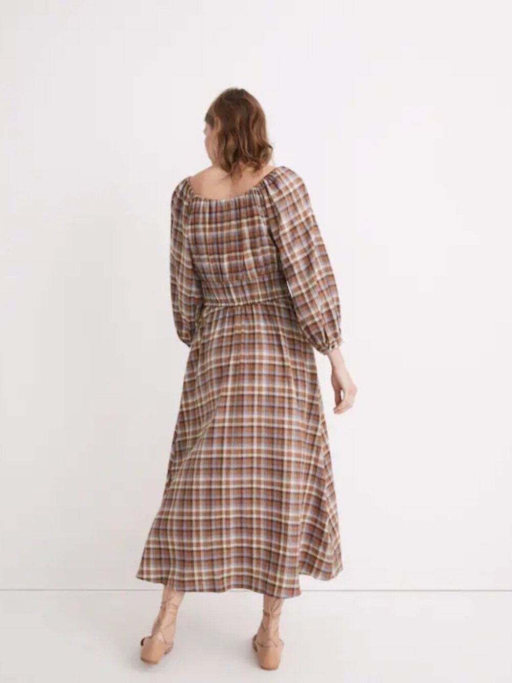 Madewell Gauze Sophia Midi Peasant Cottage Dress Brown Purple Plaid Size Large - Picture 3 of 7